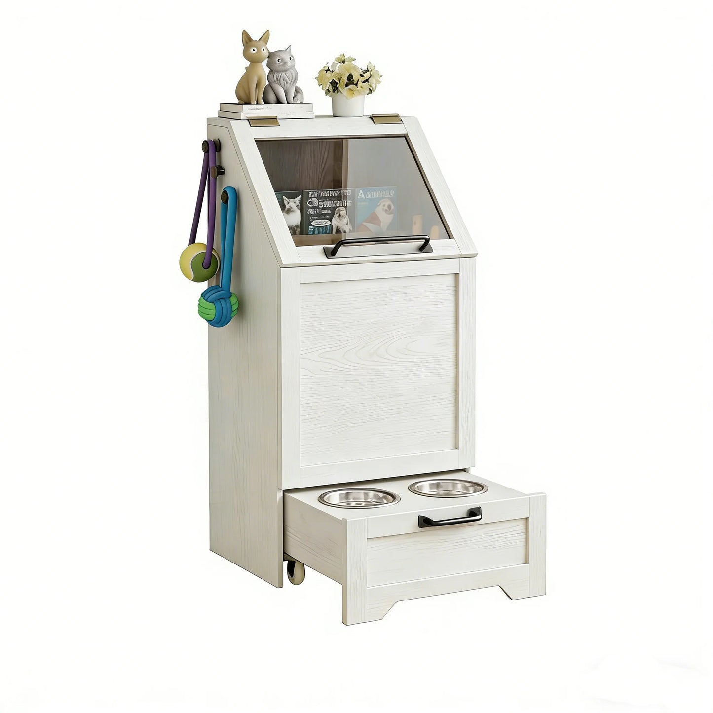 Dog Food Station - Storage, Feeding, Raised Bowls, Cabinet, White