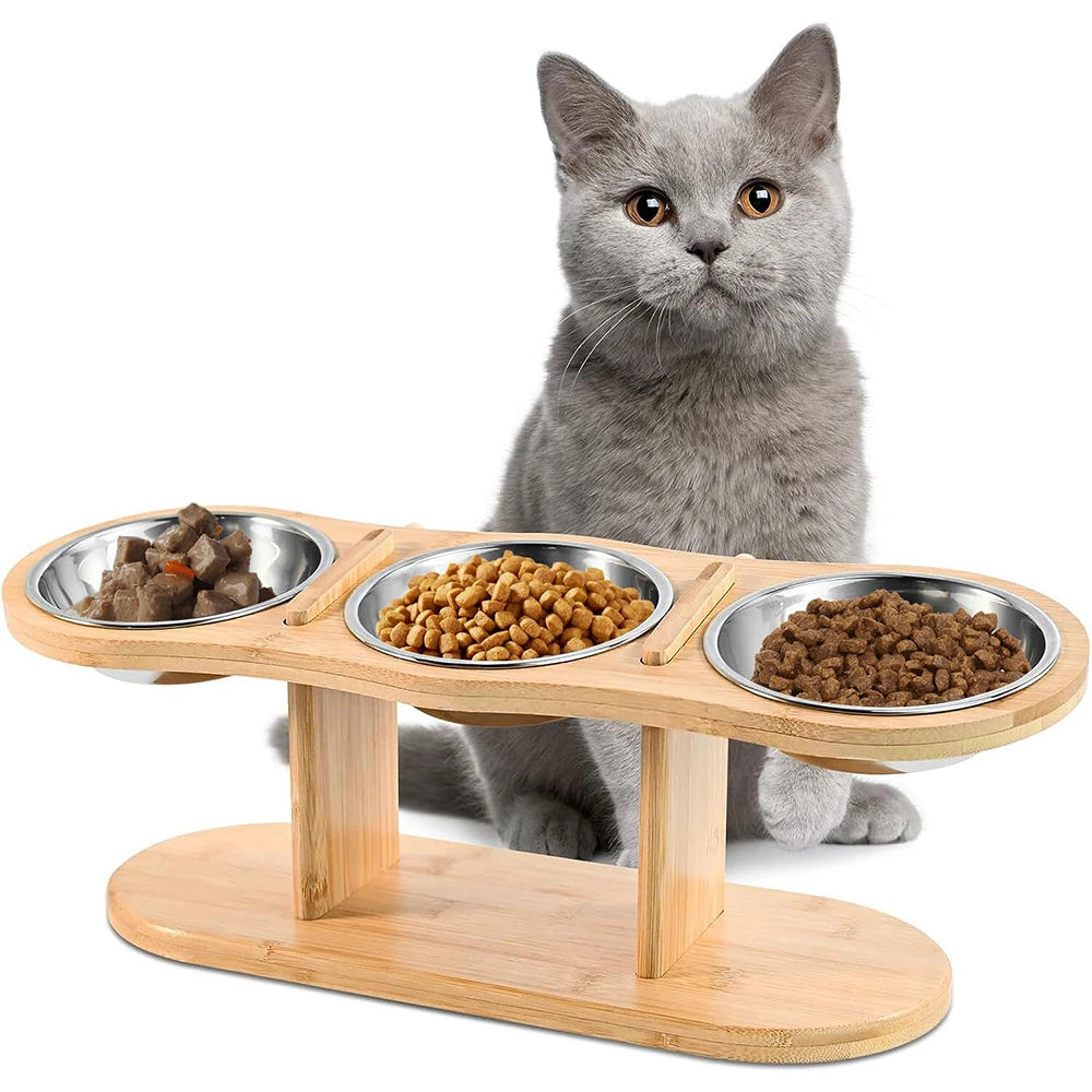 Cat 3 Bowls in 1 Feeding & Watering Bowl 15-Degree Tilt Raised 3 Stainless Steel Bowls Wood Brackets Puppy