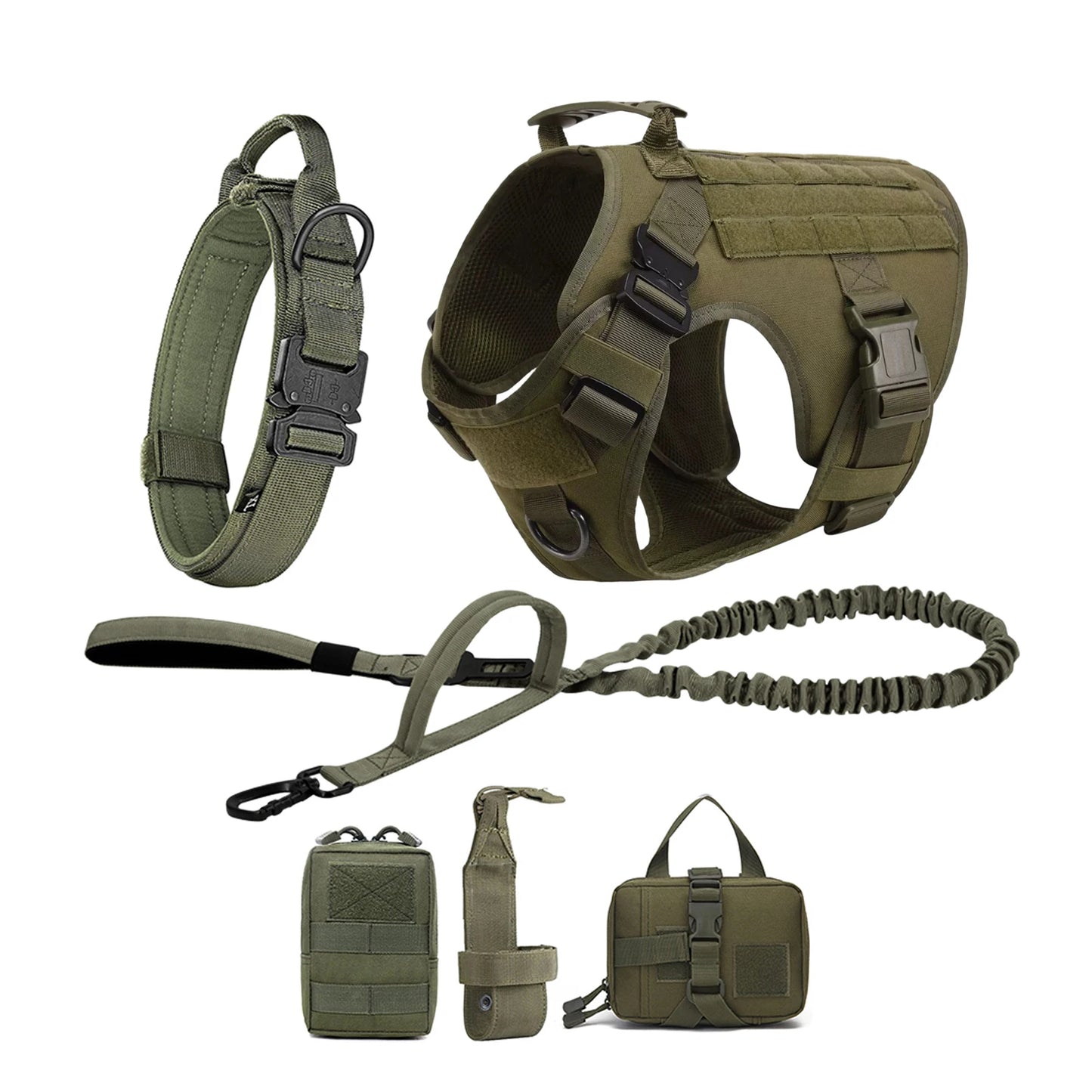 Tactical Dog Harness Collar w/ Leash & Molle Pouches