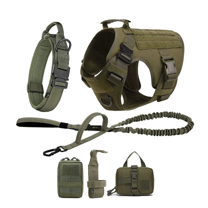 Tactical Dog Harness Collar w/ Leash & Molle Pouches
