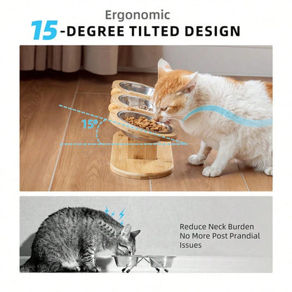 Cat 3 Bowls in 1 Feeding & Watering Bowl 15-Degree Tilt Raised 3 Stainless Steel Bowls Wood Brackets Puppy