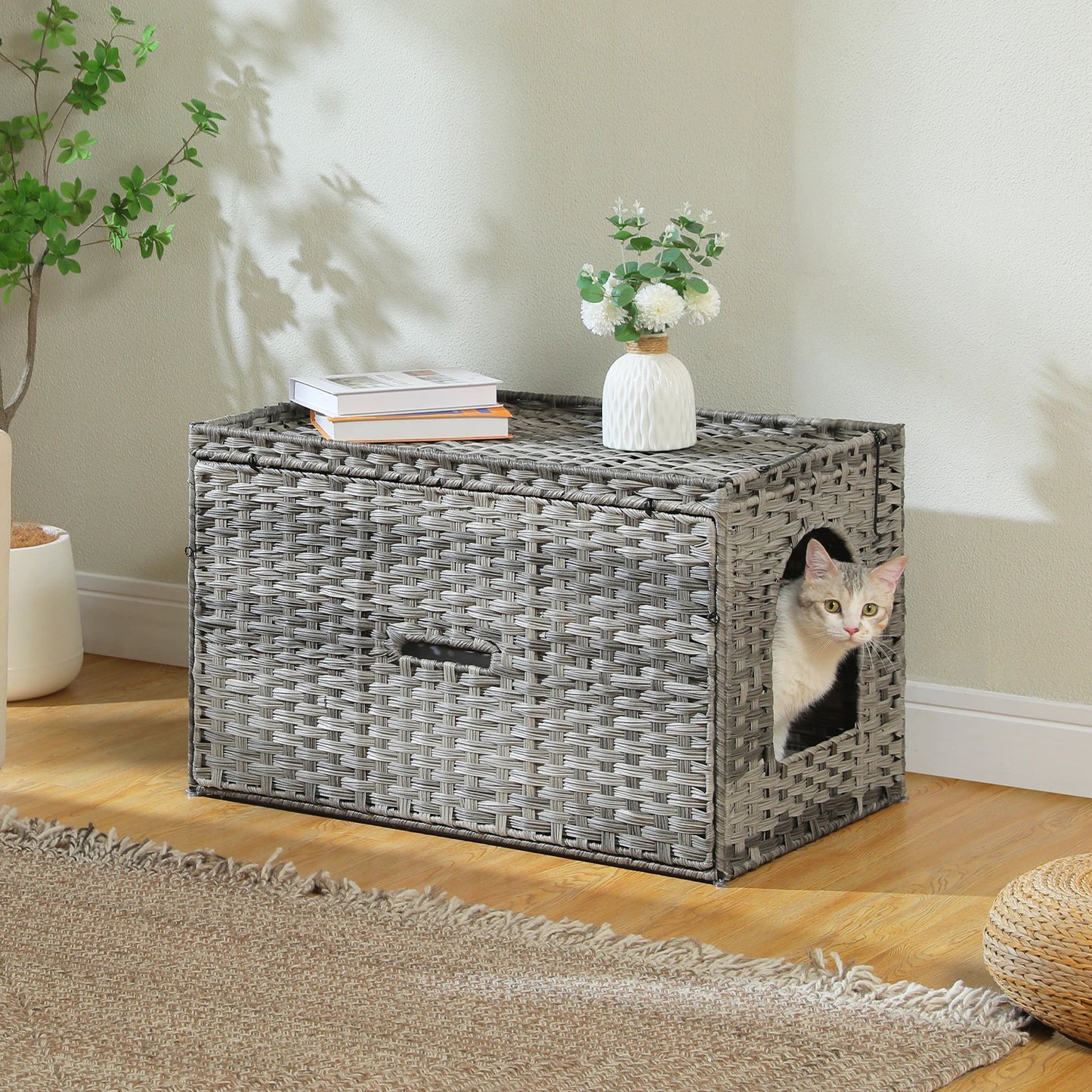 Rattan Litter Box Enclosure, Furniture with Door