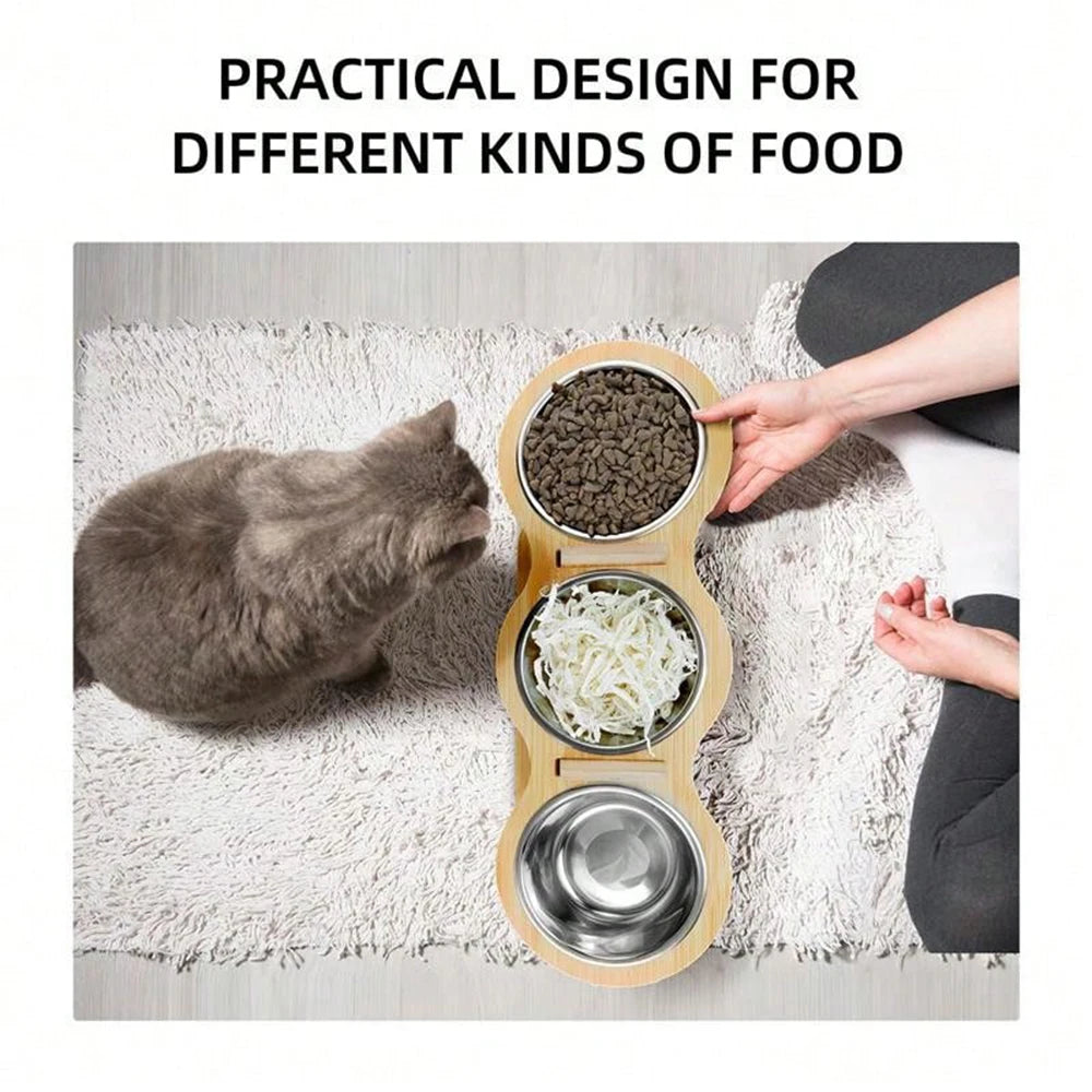 Cat 3 Bowls in 1 Feeding & Watering Bowl 15-Degree Tilt Raised 3 Stainless Steel Bowls Wood Brackets Puppy