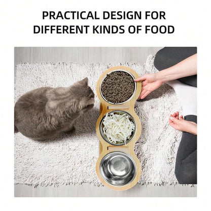 Cat 3 Bowls in 1 Feeding & Watering Bowl 15-Degree Tilt Raised 3 Stainless Steel Bowls Wood Brackets Puppy