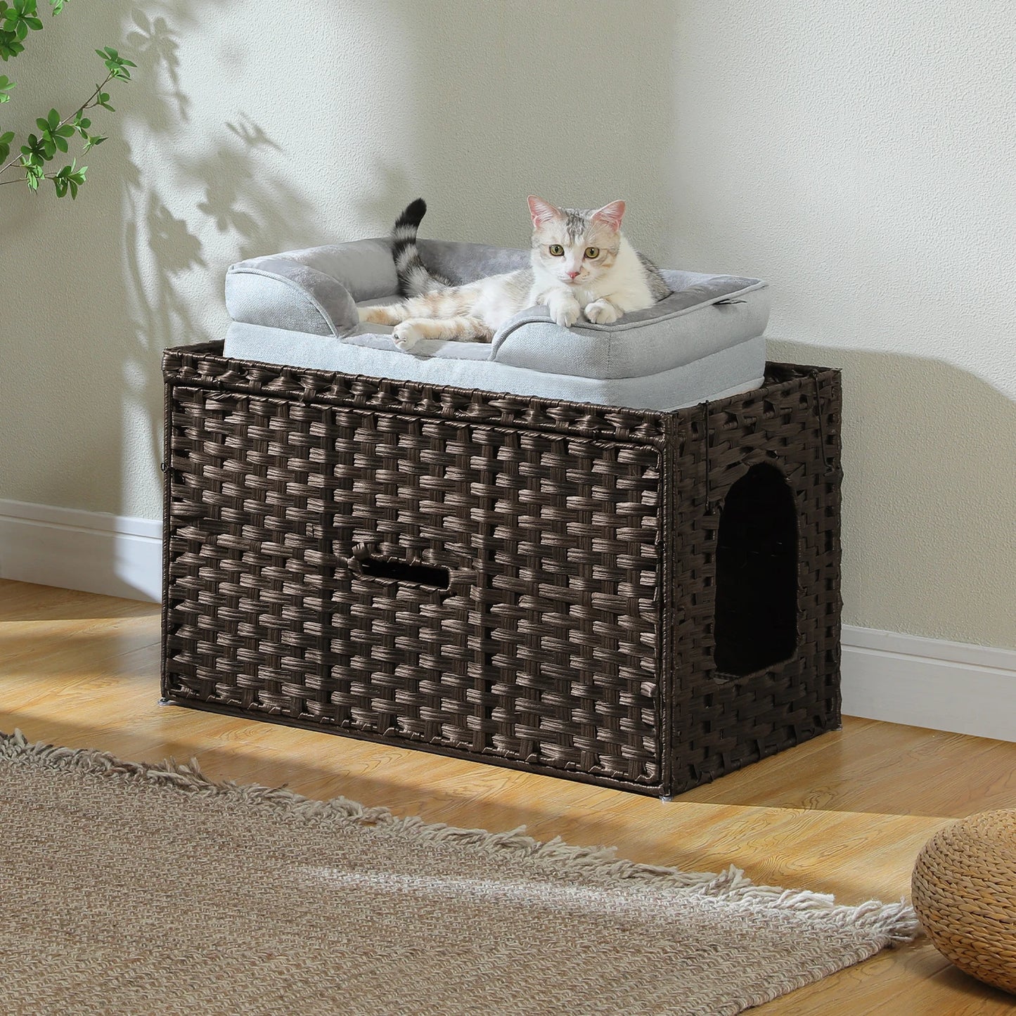 Rattan Litter Box Enclosure, Furniture with Door
