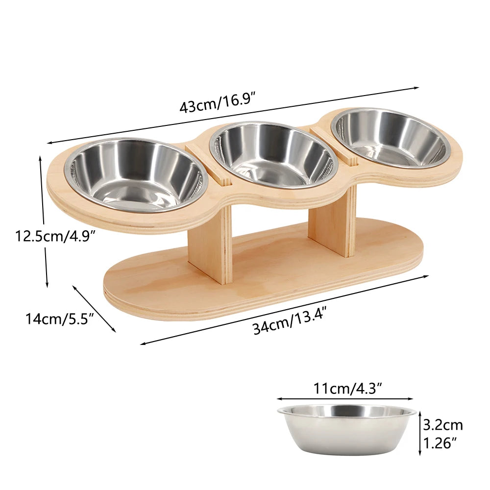 Cat 3 Bowls in 1 Feeding & Watering Bowl 15-Degree Tilt Raised 3 Stainless Steel Bowls Wood Brackets Puppy