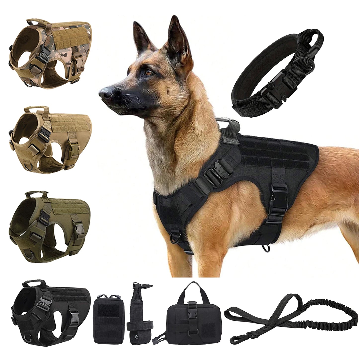 Tactical Dog Harness Collar w/ Leash & Molle Pouches
