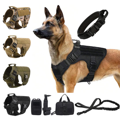 Tactical Dog Harness Collar w/ Leash & Molle Pouches