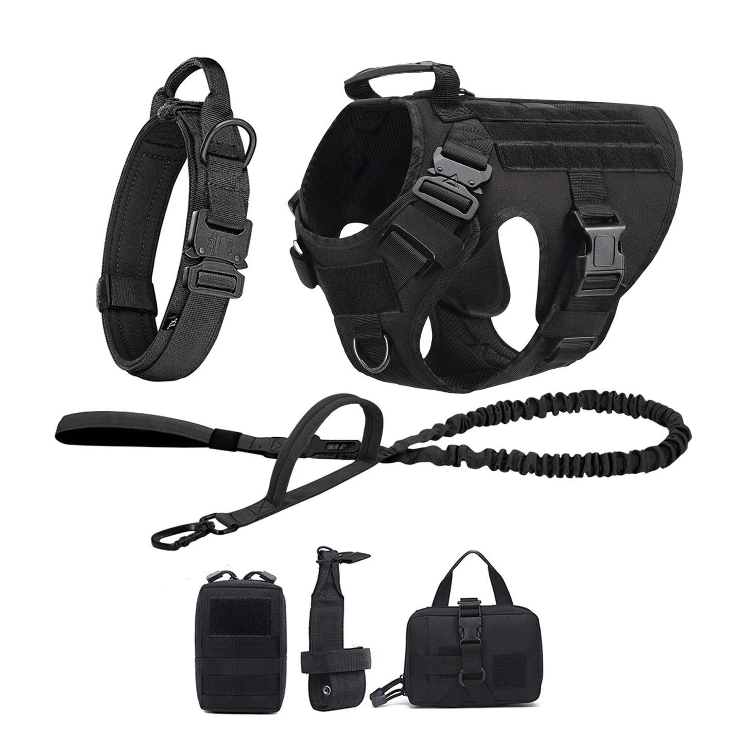 Tactical Dog Harness Collar w/ Leash & Molle Pouches