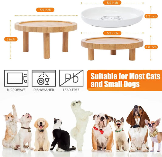 Elevated Ceramic Cat Bowls with Bamboo Stand, Whisker Friendly Pet Feeding Dishes for Indoor Cats, Set of 2
